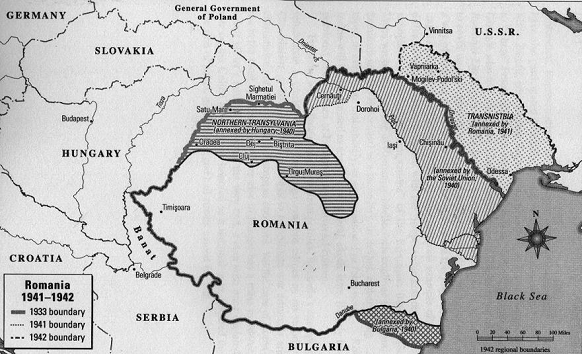 Karte von Rum�nien September 1940 ohne
                  Nord-Siebenb�rgen (an Ungarn) und ohne Bessarabien (an
                  Russland) und ohne S�d-Dobrudscha (an Bulgarien)