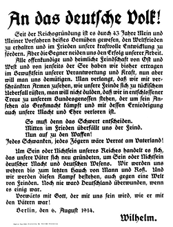 Llamada
                          a la guerra del emperador Guillermo II
                          (Wilhelm II) "Al la naci�n alemana"
                          ("An das deutsche Volk")