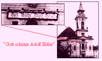 Territorio de los Sudetes 1938: iglesia con
                        una placa "Dios salva Adolf Hitler".
                        Archivo Federal de Koblenz. Puede ser que fueron
                        algunas placas como as�. Pero los Sudetes no
                        quer�an saber qui�n les hab�a liberado como
                        parece...