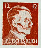 Briefmarke des OSS in Rom mit
                Hitler im Profil, das Kinn ist bereits zum Skelett
                mutiert, und Titel "Futsches Reich", 1944