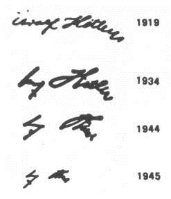 Las
                          firmas de Hitler con un desarrollo similar de
                          Parkinson: 1919, 1934, 1944, 1945