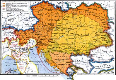 Map of Austria-Hungary, a political
                              dead body, democratic and anti-democratic
                              at the same time, with extensions up to
                              Ukraine, a colossus for German Austria
                              which the Emperor of Vienna wants to keep
                              as long as possible.