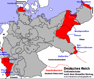 Mapa
                          del contrato de Versailles de 1919, los
                          territorios perdidos de Alemania a sus vecinos
                          est�n en rojo. Adem�s sigue la p�rdida de
                          todas las colonias.