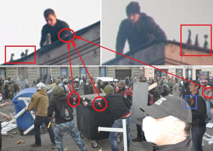 Geheimdienstler
                    mit gef�lschter, roter Binde auf dem Dach und unten
                    bei der Zerst�rung der Veranstaltungsstruktur