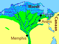 Nile Delta in Pharaoh's
              times: many arms, Memphis, Auaris / Avaris, and country of
              Canaan