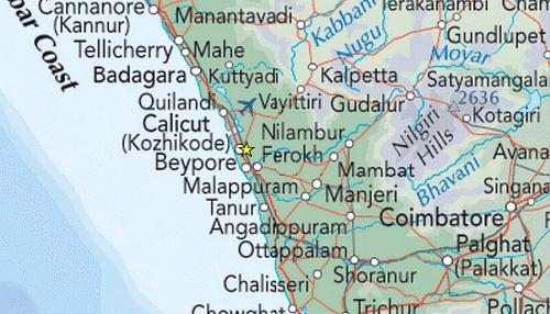 Karte mit der Lage von Calicut an der
                            indischen Westk�ste (Malabark�ste)