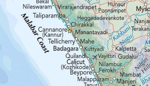 Karte: Position von Cannanore / Kannur an
                    Indiens Malabark�ste