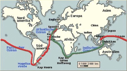 Karte mit der Route von Magellan,
                              Rot: mit Magellan, Gr�n: R�ckweg ohne
                              Magellan