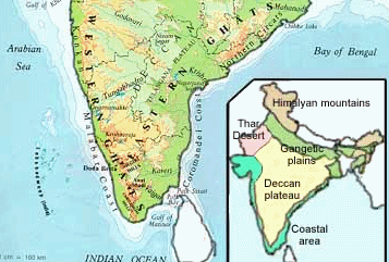 Karte
                    mit Indiens K�sten: Westk�ste: Malabark�ste;
                    Ostk�ste: Koromandelk�ste