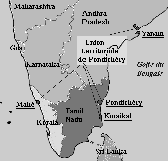 Indien: Karte
                    des Territoriums der Union von Pondich�ry,
                    franz�sisches Kolonialgebiet in Indien