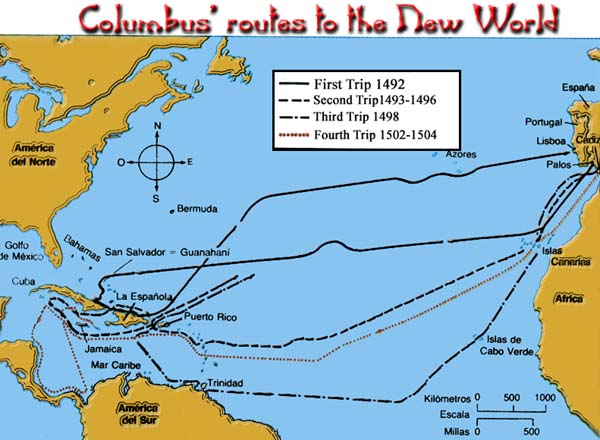 Expeditionen von Kolumbus / Colombo
                      : -- 1492 : Guanahani San Salvador Hispanola La
                      Espanola Jamaica Kuba Cuba Entdeckungen
                      detecciones detections; -- 1493 : Antillen
                      Antilias; -- 1498 : Trinidad Venezuela Orinoco
                      delta ; -- 1502 : Mittelamerika / mesoamerica ;
                      Kolumbusreisen / viajes de Colombo ; expedicion /
                      expedition ; Kolonialismus / colonialism /
                      colonialismo