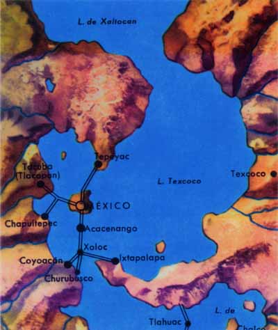 Tenochtitlan : Karte mit Texcoco,
                        Dammsystem