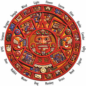 Azteken : Farbiger
                          Sonnenstein mit Tageskalender