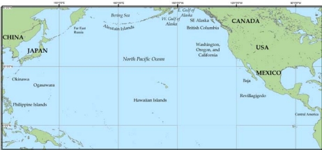 Karte des "Pazifiks" zwischen
                            Mexiko und den "Philippinen" und
                            den Molukken-Inseln