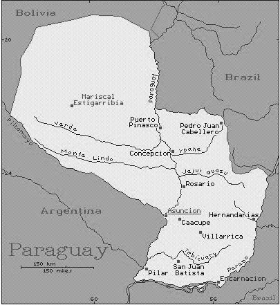 Karte mit
                      der Position der Stadt Asunci�n an der M�ndung des
                      Pilcomayo-Fluss in den Paraguay-Fluss