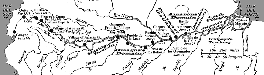 Karte der Expedition von Orellana
                            1544 �ber Maranon und Amazonas