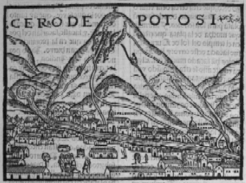 Potosi: Cerror
                        Rico, falsch �berh�ht dargestellt von Pedro de
                        Cieza de Leon 1553