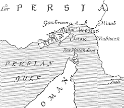 Karte mit der Position des Hafens
                      Gombroon neben den Orten Minab, Kubistak und den
                      Inseln Carak und Kishal an der Strasse von Hormuz
                      am Persischen Golf