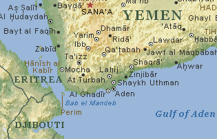 Karte mit der Position der Hafenstadt Mokka /
                    Mocca / Mokha / Mocha im Jemen am Eingang zum Roten
                    Meer gegen�ber Eritrea