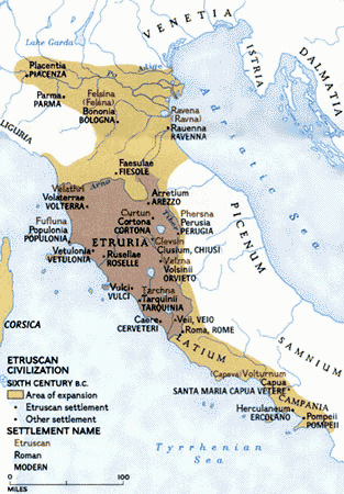 Karte mit der europ�ischen
                          Porzellanregion Etruria in Italien