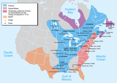 Karte von
                      Nord-"Amerika" von 1713 nach dem Frieden
                      von Utrecht mit Neu-England, Neu-Frankreich und
                      Neu-Spanien