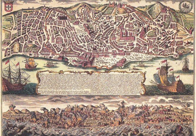 Lissabon um 1540 ca. und
                                        die Verluste und die Grossfeuer
                                        und Tsunamis durch das Erdbeben
                                        vom 1. November 1755