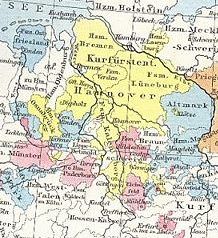 Karte mit dem
                          Kurf�rstentum Hannover, heute in etwa
                          Niedersachsen