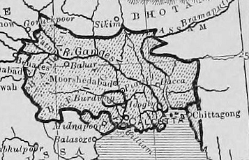 Karte des englisch besetzten
                Bengalen von 1767 mit Kalkutta (Calcutta) und Plassey