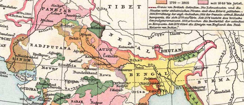 Karte mit dem oberen Teil des
                                  indischen Subkontinents mit Bengalen,
                                  Orisa (Orissa), Oudh (Audh), Panjab,
                                  Sindh, Gudjrat (Gujarat) etc.