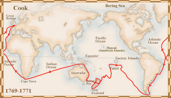 Karte der
                            ersten Cook-Expedition nach Tahiti,
                            Neuseeland und Australien von 1769-1771