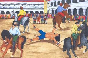 Tupac Amar� in
                              Cusco gegen 4 Pferde 1781