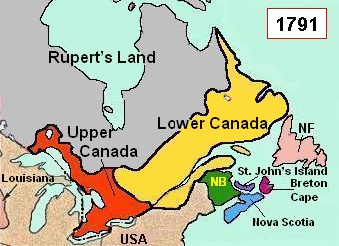 Karte mit der Teilung der Provinz
                            Quebec 1791 in Oberkanada und Unterkanada