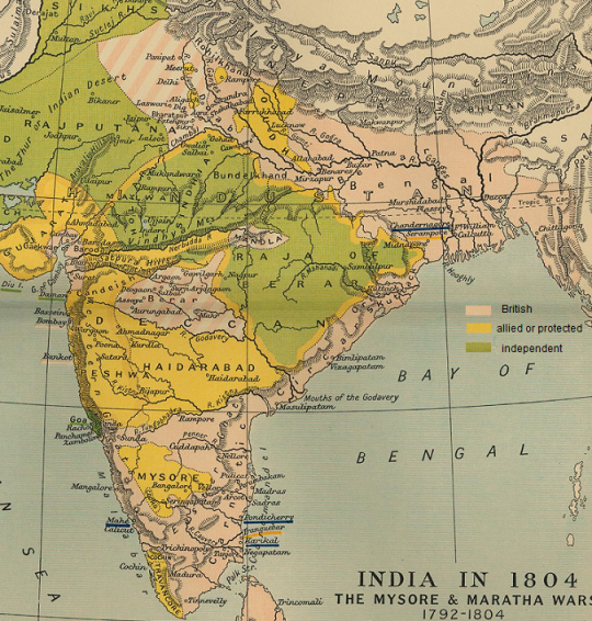 Karte des indischen Subkontinents von
                              1804 mit den weiteren
                              englisch-rassistischen Besetzungen unter
                              Mornington (rot gestreift)