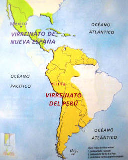 Karte mit den Vizek�nigreichen
              Neu-Spanien (oben) und Peru (unten)