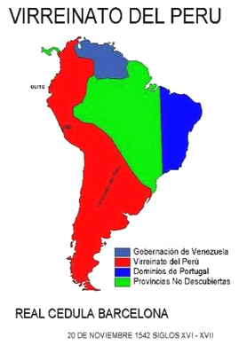 Karte mit dem
              Vizek�nigreich Peru, Venezuela, nicht entdeckten
              Dschungelgebieten und Portugals Zipfel