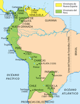 Karte mit dem
              Vizek�nigreich Peru, Venezuela und der Tordesillas-Linie
              von 1493