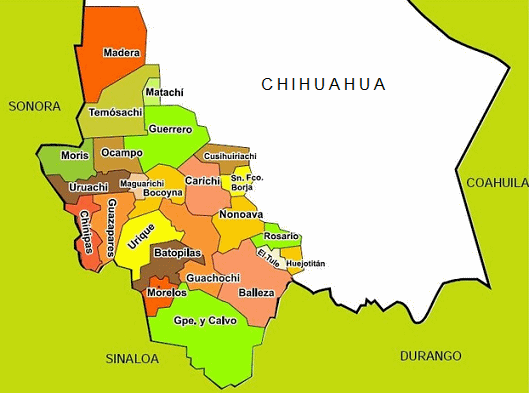 Karte der
                    Provinz Chihuahua mit den Gemeinden der Ureinwohner
                    / Prim�rnationen