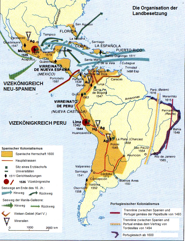Karte mit den Vizek�nigreichen Neu-Spanien und
              Peru um 1570 mit Potosi ab 1945 mit der Silberproduktion
              (Ag=Argentum=Silber)