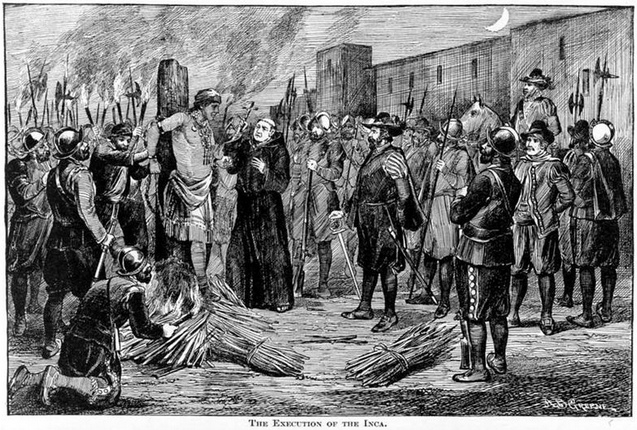 Inquisition im Vizek�nigreich Peru mit
                          Scheiterhaufen - hier gegen Atahualpa