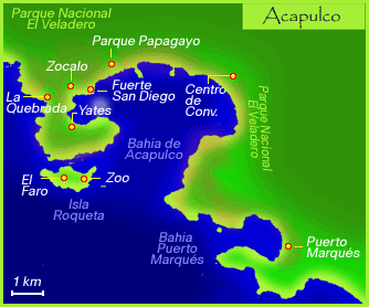 Karte mit der
              Bucht von Acapulco mit dem Hafen (Puerto Marqu�s)