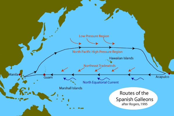 Karte der Manila-Galleone mit der Verbindung
              zwischen den Philippinen und Mexiko zwischen Manila und
              Acapulco mit der Angabe der Winde