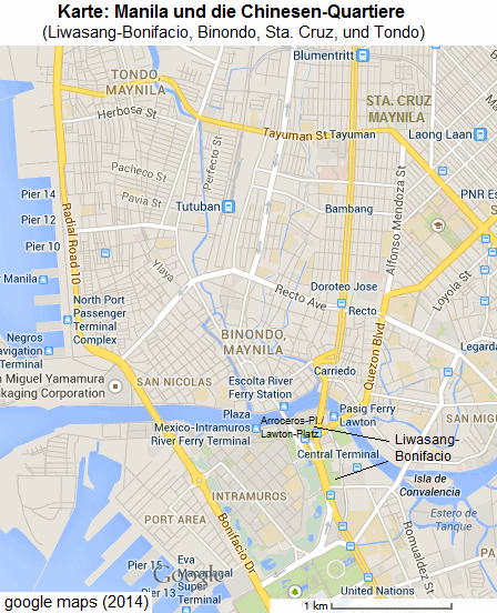 Karte mit dem Zentrum von
                Manila mit Intramuros, mit dem Arreceros-Platz
                (Lawton-Platz) und Liwasang-Bonifacio sowie Binondo,
                Sta. Cruz und Tondo