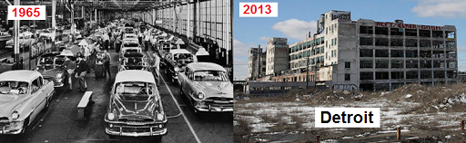 Die
                        Autostadt Detroit in den 1960er Jahren bei
                        Vollbesch�ftigung mit Autoproduktion, und 2013
                        mit leeren Produktionshallen (hier eine leere
                        Fabrik von General Motors)