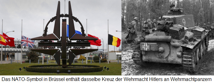 Das
                                  NATO-Symbol in Br�ssel enth�lt das
                                  NS-Kreuz auf NS-Panzern