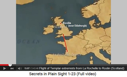 Flight of Templar Jesus fantasy extremists from
                    La Rochelle to Roslin in Scotland, map