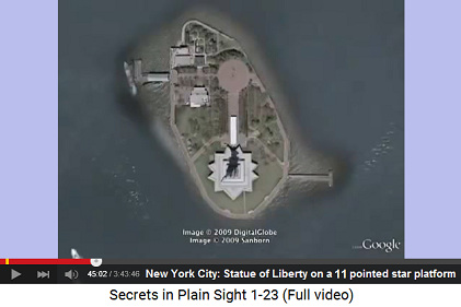 Statue of Liberty on an island on a 11 pointed
                    star platform