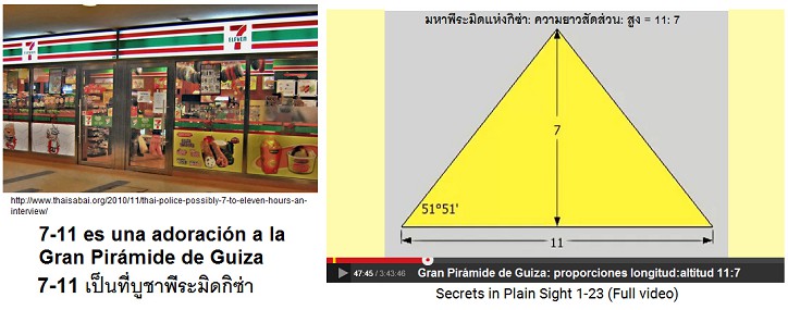 Una
tienda de 7-11 en Pattaya in Tailandia - en todo
Asia existe esa cadena de tiendas - adorando la Gran
Pirámide con la proporción 7:11 Una tienda de 7-11 en Pattaya in Tailandia - en
todo Asia existe esa cadena de tiendas - adorando la
Gran Pirámide con la proporción 7:11