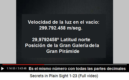 La velocidad de la luz en el vac�o es
                      299.792.458 metros por segundo - eso es el mismo
                      n�mero como la posici�n de la "Gran
                      Galer�a" de la Gran Pir�mide: 29,9792458�
                      Latitud norte