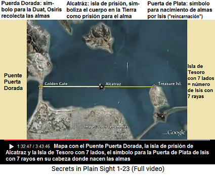 Mapa con el Puente Puerta Dorada, la isla de
                    prisi�n de Alcatraz y la Isla de Tesoro con 7 lados,
                    el s�mbolo para la Puerta de Plata de Isis con 7
                    rayos en su cabeza
