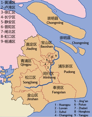 Los
                            distrito de Shanghai en un mapa. La mayora
                            de los rascacielos estn en el distrito de
                            Pudong